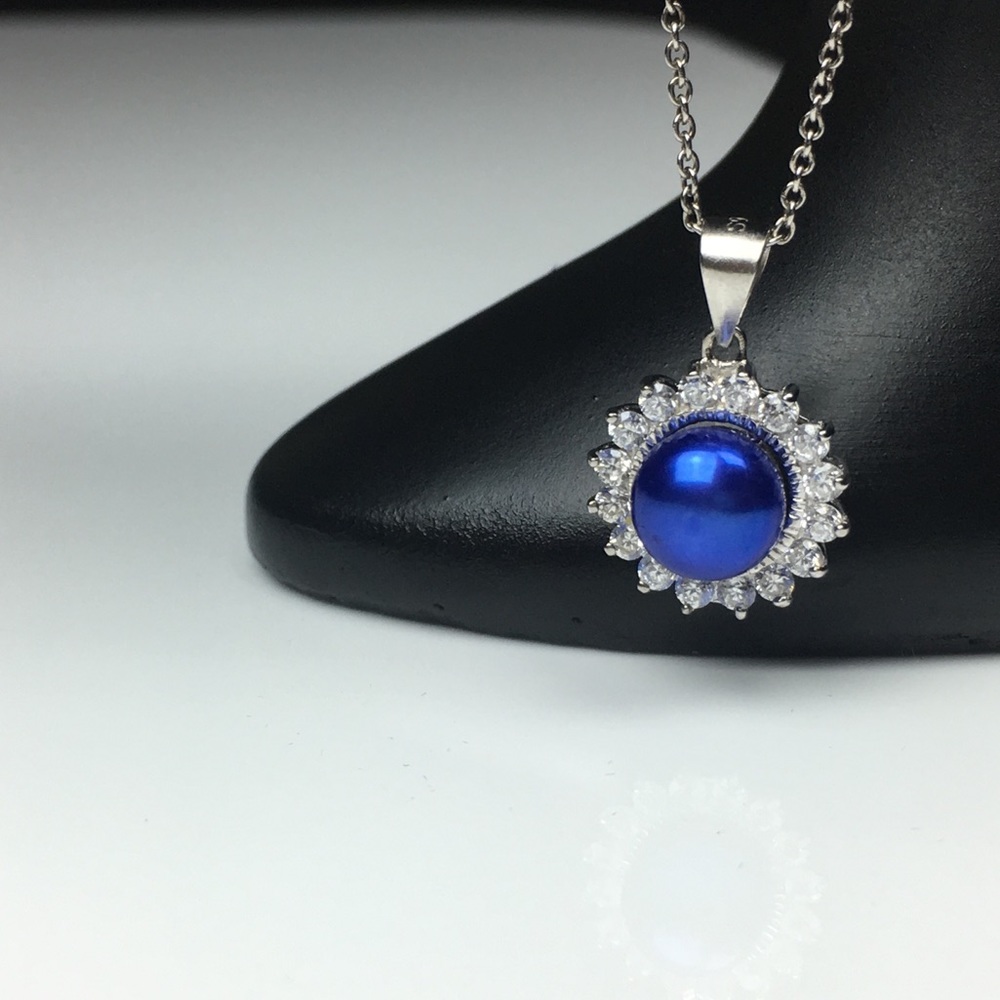 925 Silver Blue Pearl CZ Crystal Pendant Necklace - Picture 3 of 7